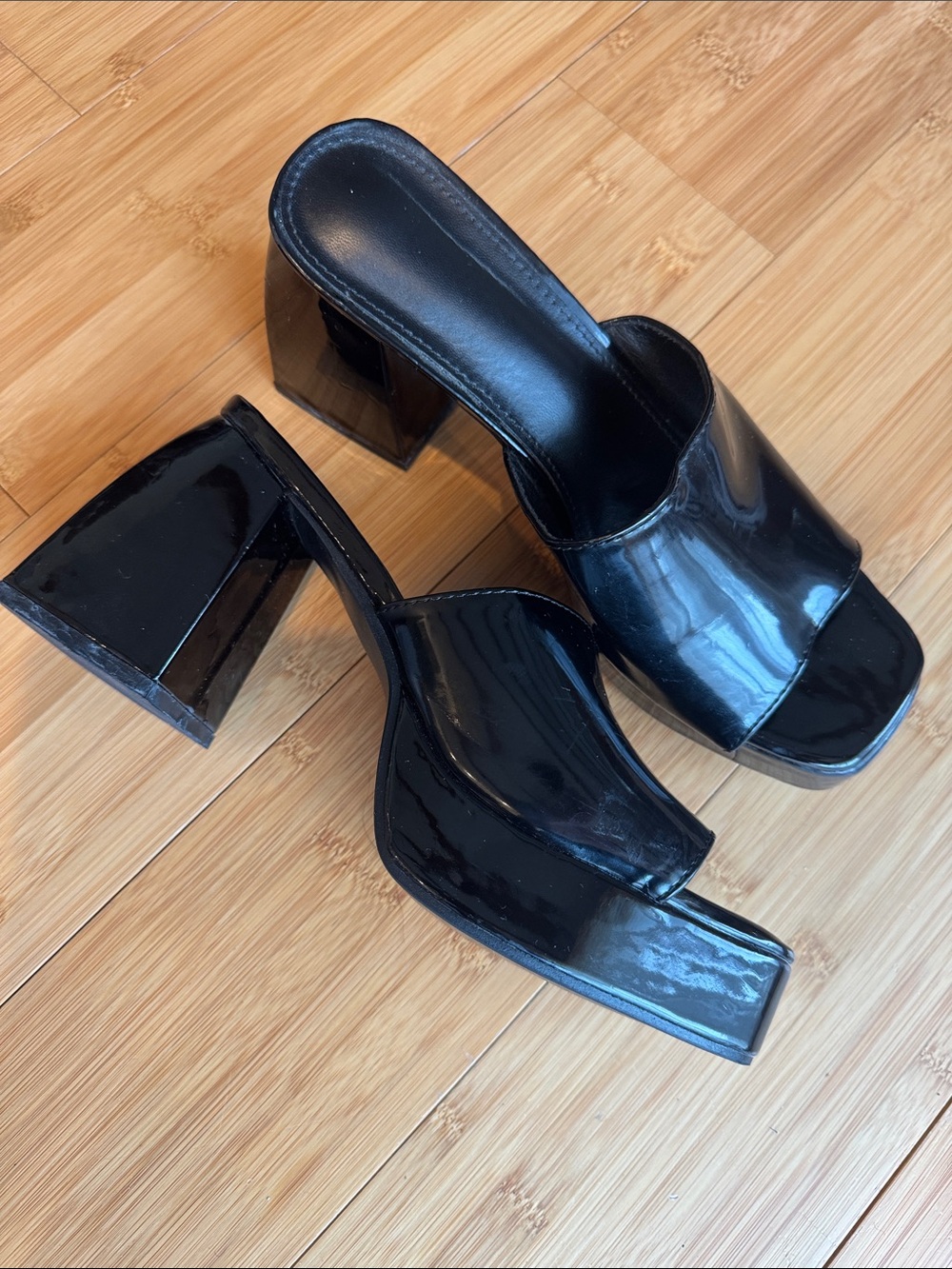 Glossy Black Patent Square-Toe Block Heel Mules women’s size 8
